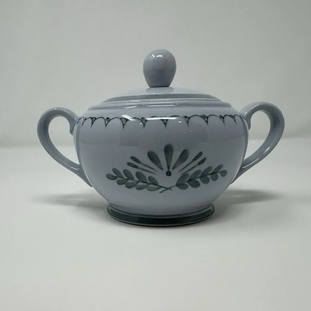 Arabia Finland Green Thistle Sugar Bowl and Lid Handpainted Vintage